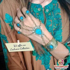 single Vintage Slave Turquoise Bracelet, Handmade Bracelet with Rings,